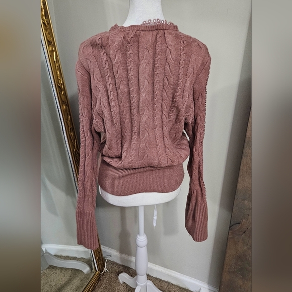 EXPRESS Cable Knit Lace Detail Bell Sleeve Sweater In Mauve Pink. Size Small NWT - Picture 13 of 14